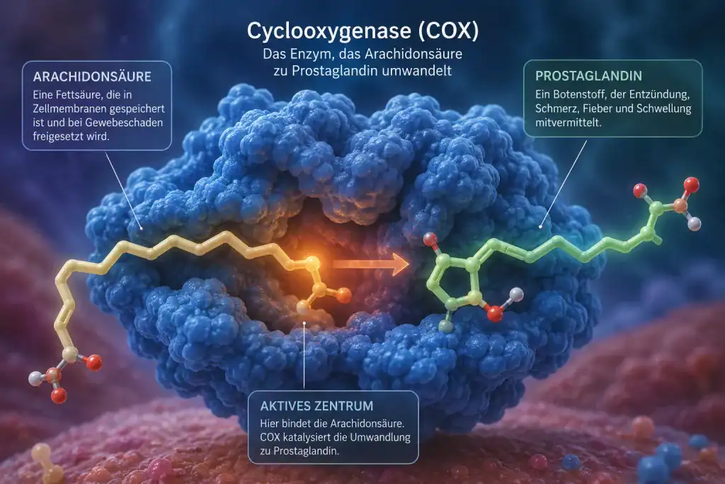 Eine KI generierte Darstellung der Enzymaktivität der Cyclooxygenase. ChatGPT, Prompt von mjk am 11.7.2026