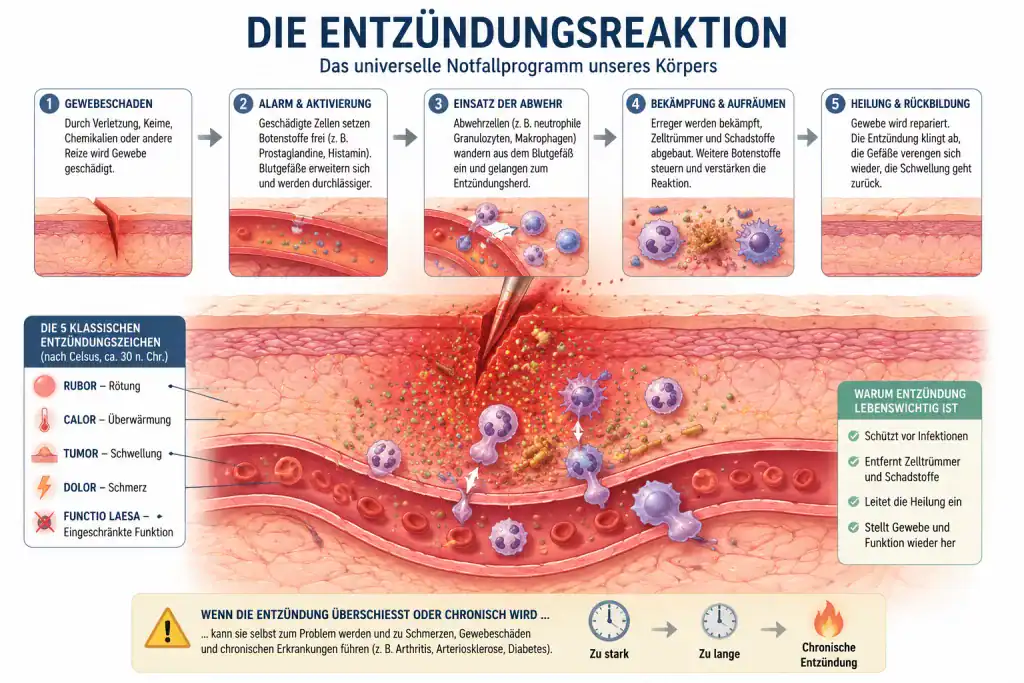 Eine grafische Darstellung der wichtigsten Entzündungsreaktionen im Gewebe. Chat GPT, Prompt von mjk am 11.7.2026