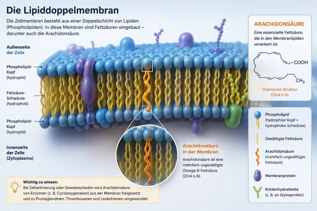 Die Lipiddoppelmembran unserer Zellen mit Darstellung der in die Membran integrierten Arachidonsäure